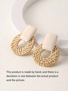 1pair Boho Rattan Geometric Design Earrings For Women For Daily Decoration - Coffee - 查看 2