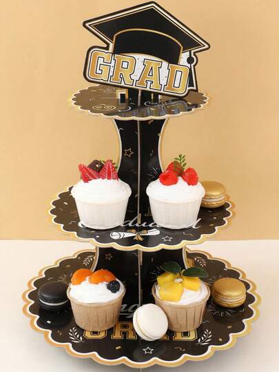 1 Giá đựng bánh cupcake 3 tầng dành cho lễ tốt nghiệp, Tháp bánh giấy chủ đề mũ tốt nghiệp màu đen và vàng, Giá trưng bày món tráng miệng cho lễ tốt nghiệp năm 2026, Đồ trang trí tiệc trà & Phụ kiện tiệc tùng