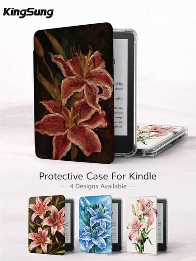 Kingsung 油画花卉图案 Kindle 保护套，透明后盖，可 DIY，具备自动唤醒/睡眠功能，兼容 Kindle 第 11 代（2022/2024 年款）和 Kindle Paperwhite 第 12 代（2024 年款）。