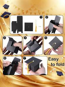 50/15 piezas/1 pieza Caja de dulces con forma de birrete de graduación, Suministros para fiesta de graduación 2025, Adecuado para regalos de fiesta de graduación - Caja negra + cuerda amarilla - Ver 7