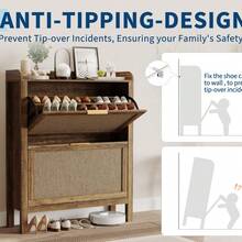 Platzsparender schmaler Schuhschrank aus Rattan im Landhausstil – 32 Zoll – 2 Klappfächer – Höhenverstellbare Einlegeböden – Holzfüße – Perfekt für kleine Räume – Flur Schuh Organizer - Grau - Übersicht 6