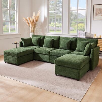 Modular Sofa, Convertible Into A U-Shape And L-Shape, With 2 Ottomans And 6 Cushions, Modern Chenille Fabric Sofa Set, Suitable For Living Rooms, Apartments And Various Living Areas. Video Available, Green