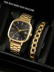 SOKI SOKI Battery-Powered Quartz Watch With Calendar Function, Retro Style, Casual Fashionable, Adjustable Strap Length, Minimalist Square Dial, Comes With Bracelet Jewelry Set. Suitable For Daily Wear, Birthday, Back To School, Thanksgiving, Couples, And An Excellent Gift Choice (No Gift Box Included) - Gold - View 1