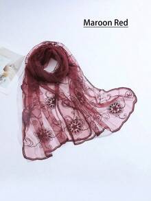 1pc Women Multicolor Embroidered Floral Scarf, Spring/Summer/Autumn, Fashionable & Sweet, Sunshade/Dustproof Scarf, Vacation/Daily Shawl Boho Valentine Day - 紫色皮革 - 查看 10
