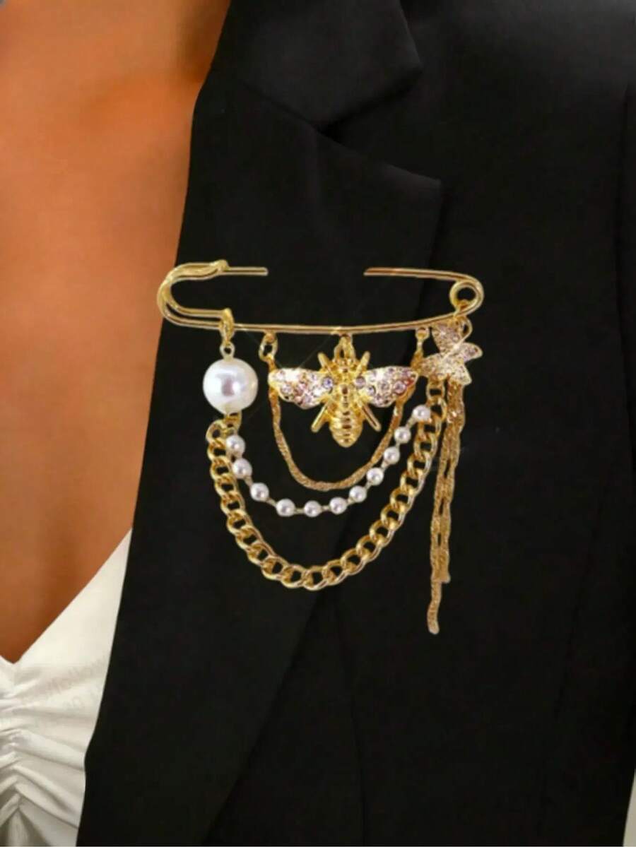 1pc Gold Bee Butterfly Rhinestone Brooch With Layered Chain Pearl Tassel Pin Vintage Style Safety Pin For Women Perfect Match Blazer Dress And Scarf Sweater Dress Accessories Pant Chain Fashion Banquet Party Jewelry Coat Accessories Ladies Gift Gifts For Mother, Father, Graduation, And Teacher - Gold - View 1