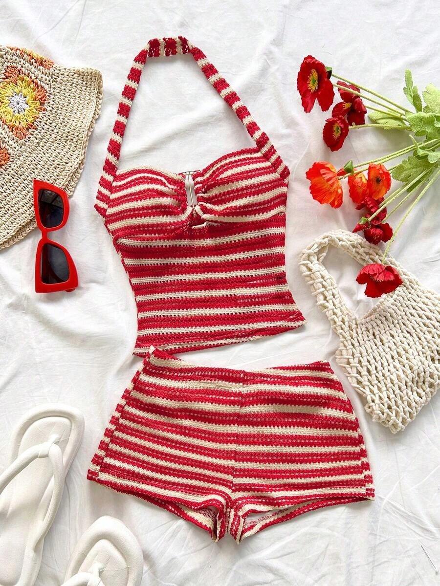Conjunto Casual de 2 Piezas para Mujer: Top Halter a Rayas y Shorts para Vacaciones - Multicolor 9 - Ver 1