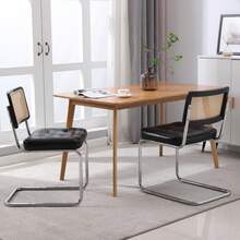 Modern Medieval Dining Chairs, Set Of 2 Rattan Dining Chairs With Soft Faux Leather Upholstery, Armless Rattan Chairs With Mesh Backrest, Chrom Metal Legs (Black) - Black + PU Leather + Foam - View 10