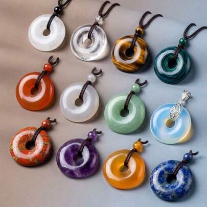 1pc 20mm Natural Crystal Healing Stress Relief Donut & Peace Symbol Adjustable Cord Necklace Pendant, Unisex