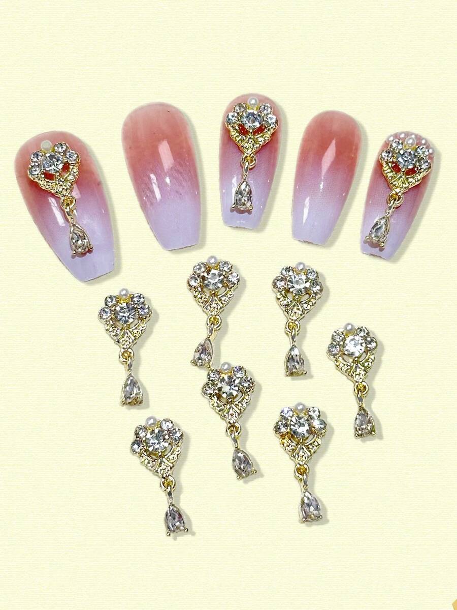 10pcs Gold Color Rhinestone Nail Charms, DIY Metal Nail Decorations, Nail Art Products, Nail Accessories, Nail Supplies, Nail Jewelry, Nail Gems - Multicolor - View 1
