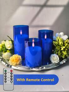 3pcs Flameless Candle Lights With Remote Control/Timer, Battery Operated Blue Warm Light Candles, Suitable For Christmas, Halloween, Valentine's Day, Mother's Day, Gifts, Birthday, Proposal, Wedding, Dining Table, Party - Blue - Warm Light - View 2