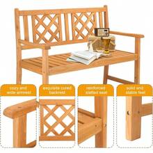 Wooden Garden Bench, Outdoor Wood Patio Bench, Rustic Two Person Loveseat Chair W/Armrest For Porch Poolside Park Backyard Balcony, Capacity 605Lbs, Grid Backrest - Natural - View 5