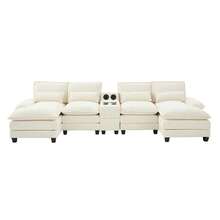 Modern Large 126.77" U-Shaped Chenille Cloud Sofa With 2 Recliners, Soft 4-Seat Modular Sectional Sofa Bed With Cushioned Pillows And Storage Table, Ergonomic Design, Durable Solid Wood Frame, Suitable For Living Room, Bedroom, Apartment(Beige) - Beige - View 13