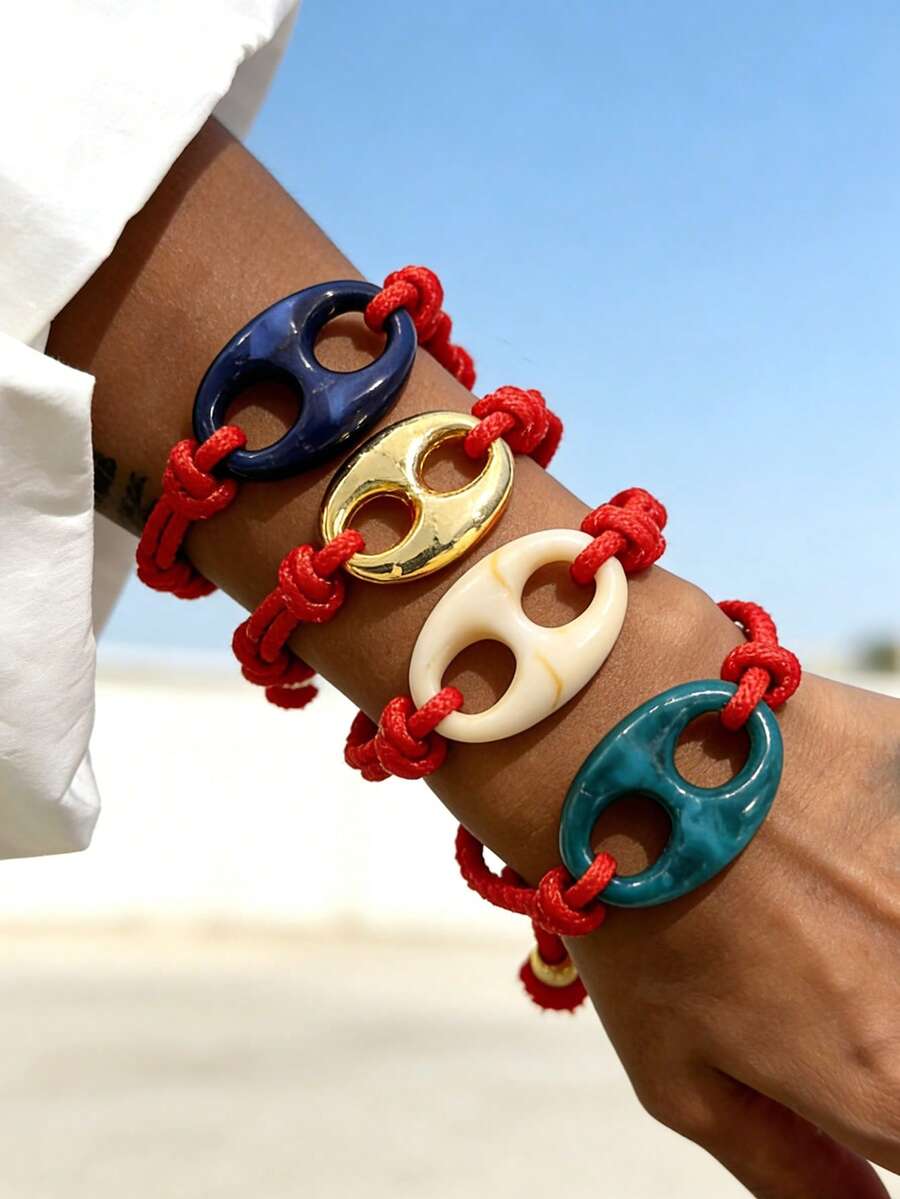 1 chiếc vòng tay bện hình mũi heo bằng nhựa kiểu Bohemian cổ điển, sáng tạo, thanh lịch và tối giản, phù hợp cho phụ nữ, chị em gái, các cặp đôi, các buổi khiêu vũ hoặc lễ tốt nghiệp. Món quà hoàn hảo cho đeo hàng ngày, hẹn hò, tiệc tùng, kỳ nghỉ, kỳ nghỉ hè ở bãi biển. Kích thước có thể điều chỉnh, phụ kiện màu đỏ. - Dây đeo tay - Xem 1