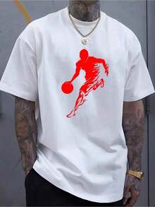 [Printed Silhouette Basketball Jersey] Men's Printed Silhouette Basketball Jersey, 100% Cotton, Casual Crew Neck, Long Sleeve With Slight Elasticity, Comfortable Fit Knit Top For All Seasons - 白色 - 查看 6