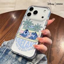 Disney Stitch Phone Case, "Go With The Flow" Tropical Beach Pattern, Casual & Cute Disney Accessory, Suitable For IPhone 17/17 Pro/17 Pro Max/17 Air/16/15/14/13/12/11/X Series Transparent Space Print Phone Case - Clear - View 5