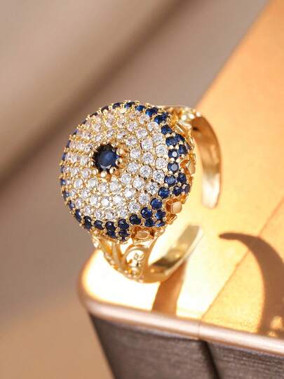 1pc Vintage Evil Eye Blue Sapphire & CZ Pave Open Ring For Women Daily Wear (Note: Due To Different Production Batches, There May Be Some Color Differences; In Addition, Due To The Influence Of Lighting And Shooting Angles, The Actual Product May Have Slight Color Differences From The Picture.)