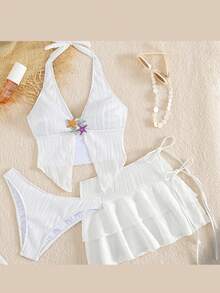 Conjunto de bikini para mujer, sujetador con tirantes anudados y braguita con falda de capas, traje de baño de 3 piezas. - Blanco - Ver 5