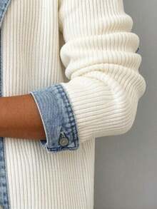 Women's Denim Lapel Patchwork Knit Cardigan Long Sleeve Open Front Sweater Coat Casual Streetwear Outfit - 白色 - 查看 5