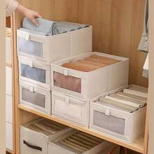 1/2pcs Visible Window Cotton Linen Wardrobe Storage Box - Beige - View 12