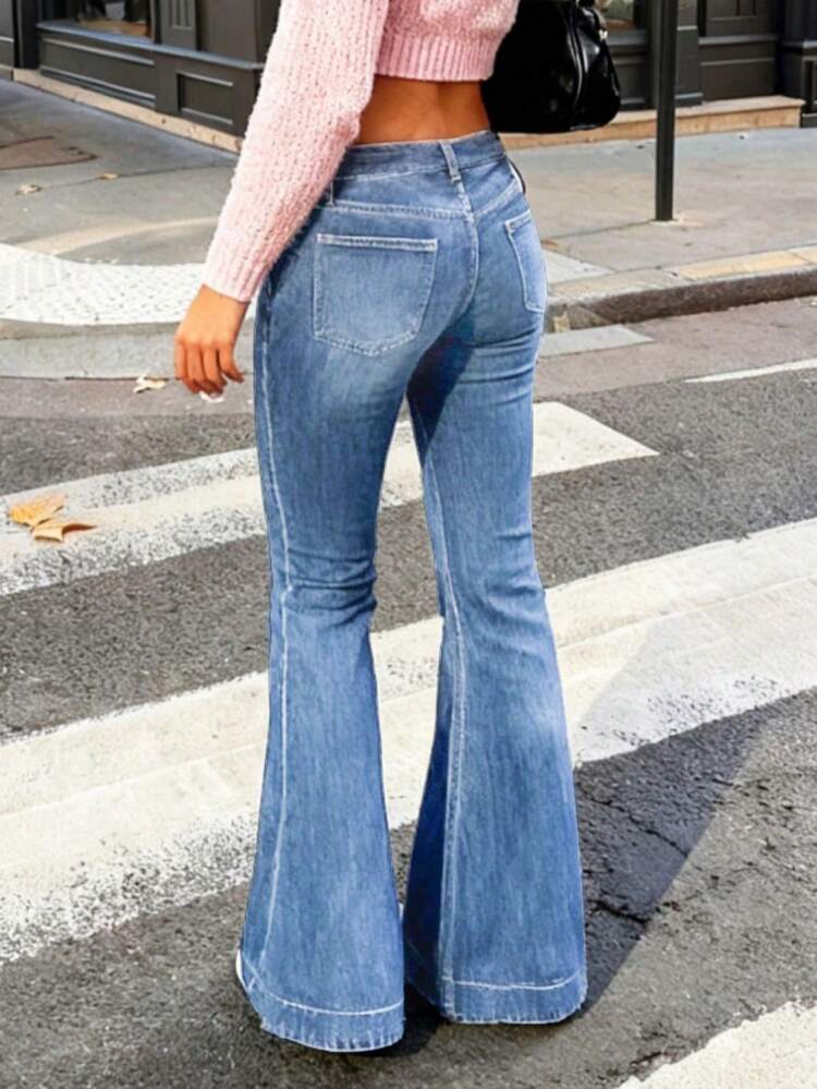 女士复古优雅街头风低腰黑色喇叭牛仔裤 Y2K 性感弹力天蓝色喇叭裤度假休闲喇叭裤，2026 夏季 - 天藍色 - 查看 2