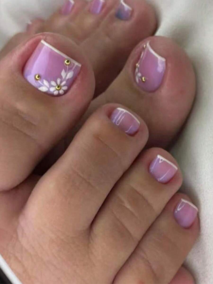 24pcs Rhinestone Cherry Blossom Toe Nail Stickers, Luxury Gold Pearl Fake Toenails With 1 Nail File And Gel, Suitable For Summer Outfits And Photos, High Cost-Effective Foot Jewelry - Multicolor - View 1