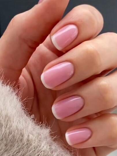 24 Móng Tay Giả Hình Vuông Màu Hồng Thạch, Kiểu Pháp Tối Giản, Màu Trơn, Màu Trắng Ombre, Móng Giả Bóng, Thích Hợp Sử Dụng Hàng Ngày