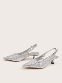 Sandalias de tacón de gatito con punta puntiaguda y adorno de rhinestones para mujer, de material brillante, elegantes y de moda para fiestas y uso formal - Plateado - Ver 2