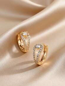 1 Pair Luxury Copper Zirconia Geometric Round Hoop Earrings, Fashionable Accessories For Women - Gold - View 1