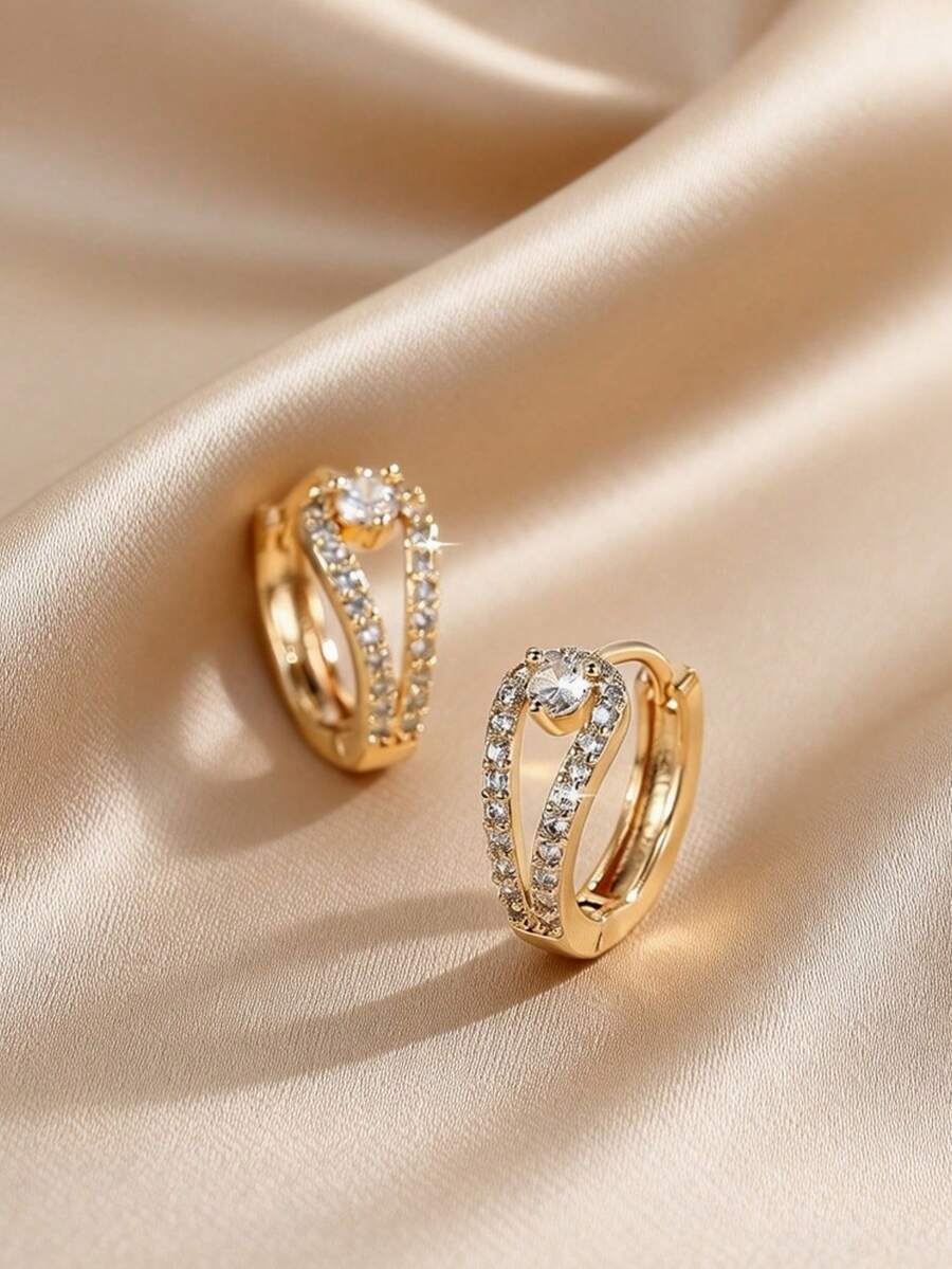 1 Pair Luxury Copper Zirconia Geometric Round Hoop Earrings, Fashionable Accessories For Women - Gold - View 1