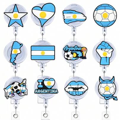 1 cuộn dây đeo thẻ rút gọn họa tiết bóng đá, cuộn dây đeo thẻ rút gọn hình bóng đá Argentina, cuộn dây đeo thẻ, thích hợp cho y tá, bác sĩ, giáo viên, người giữ thẻ ID.