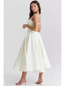 Women's Elegant Double Layered Flowy Dress, Classic Full Skirt A Line Swing Midi Gown, Lightweight Premium Casual Formal Dress, Modest Chic Party Wedding Guest Bridal Shower Evening Daily Outfit S-2XL - 象牙 - 查看 2