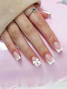 Upgrade Your Look With Nail Patches! This 24-Piece Square Short French False Nail Set, Adorned With 3D White Bows, Includes 1 Adhesive Tab And 1 Mini Nail File. It's A Classic White French Full-Cover False Nail Set, Perfect For Daily Wear For Women And Fashionable Girls. These Short Nails Are Timeless. Nail Supplies - Multicolor - View 1