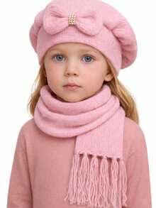 Children's Wool Beret And Scarf Set With Bow, Various Colors. - 淺粉紅色 - 查看 1