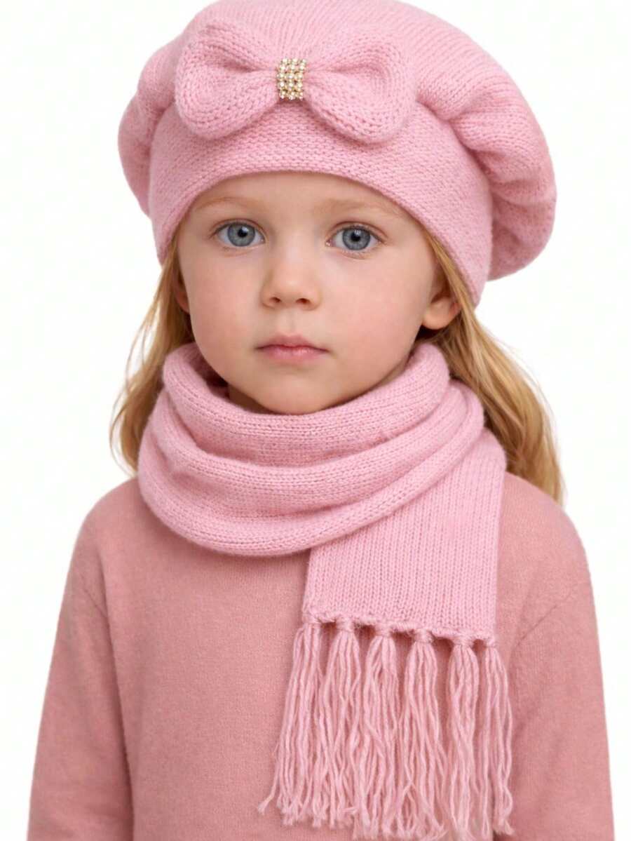 Children's Wool Beret And Scarf Set With Bow, Various Colors. - 淺粉紅色 - 查看 1