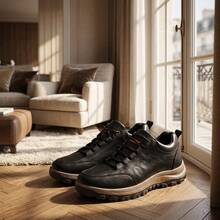 Tenis de hombre casuales de cuero sintético con cordones y suela de EVA, zapatos para hombre cómodos antideslizantes con suela gruesa, calzado masculino elegante de moda y resistente al desgaste, tenis para hombre en oferta transpirables y suaves ideales para caminatas al aire libre y estilo urbano cotidiano. - Negro - Ver 5