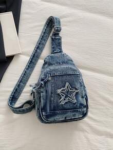 Denim Star 時尚多功能運動胸包，大容量復古牛仔布包，單肩斜背包，女性通勤運動必備 - 深色水洗藍 - 查看 6