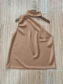1pc Women's Summer Solid Color Satin Asymmetric/Irregular Ruffle Elegant Fashion Sleeveless Blouse Shirt, Suitable For Summer, Casual, Office, Party, Formal Occasions - Khaki - View 4