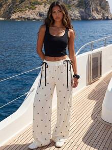 女士长款阔腿涤纶裤，纸袋腰设计，缎带蝴蝶结印花，无弹力面料 - 米色 - 查看 3