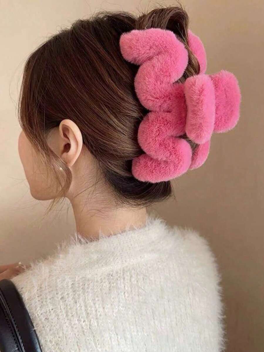 1pc Solid Color Plush Autumn/Winter Hair Claw Summer Outfits Hair Clips Beach Accessories Summer Beach Claw Clips - Hot Pink - View 1