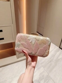 月光之夜包，多色花卉斜挎包，复古链条晚宴包，迷你方形盒包，适合派对女孩、新娘、大学生、年轻职业人士，百搭派对、舞会、婚礼等场合，完美搭配派对配饰，图案随机发送 - 粉色 - 查看 1