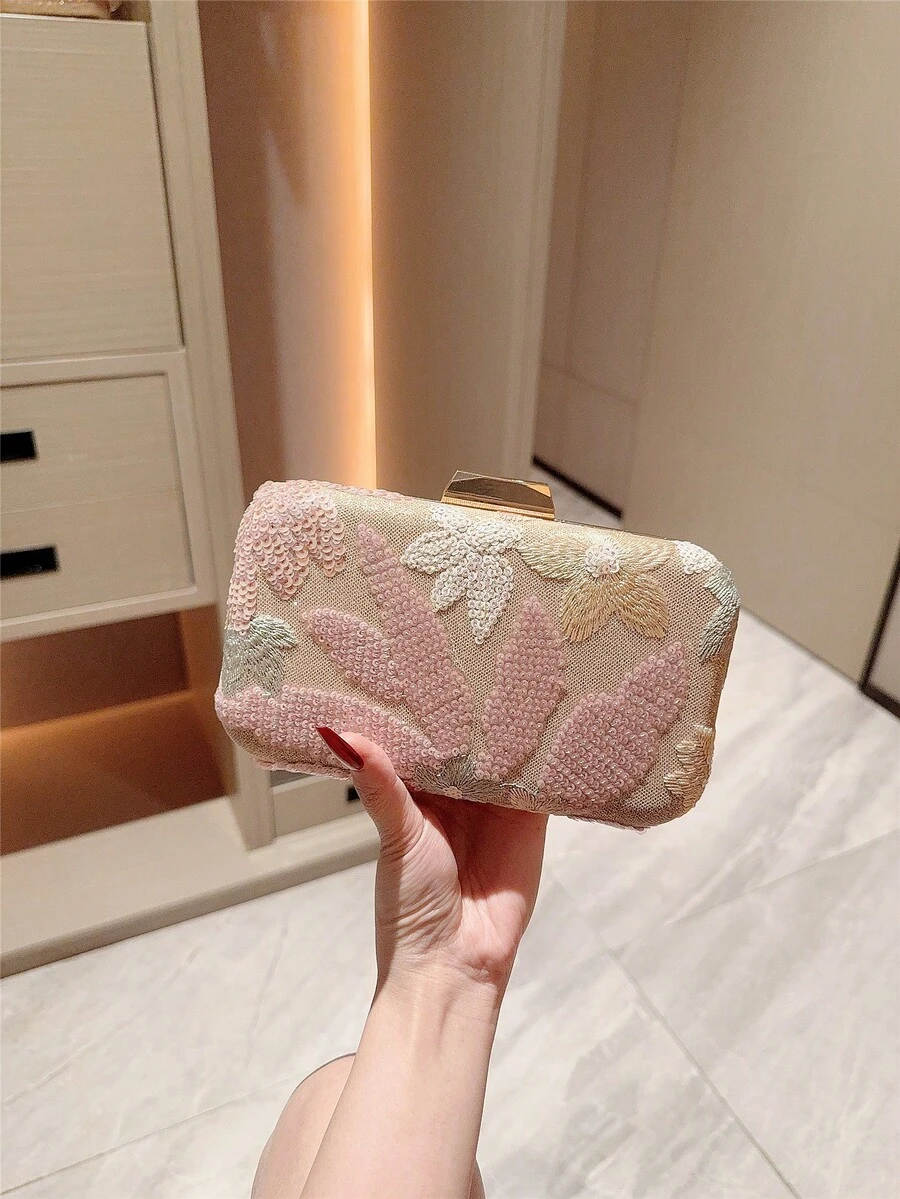 月光之夜包，多色花卉斜挎包，复古链条晚宴包，迷你方形盒包，适合派对女孩、新娘、大学生、年轻职业人士，百搭派对、舞会、婚礼等场合，完美搭配派对配饰，图案随机发送 - 粉色 - 查看 1