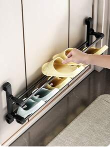 1 pieza Estante de zapatos montado en la pared, sin necesidad de perforar, estante de almacenamiento de zapatos de baño/lavabo de doble capa con función de drenaje, diseño plegable compacto para ahorrar espacio - Negro - Ver 2