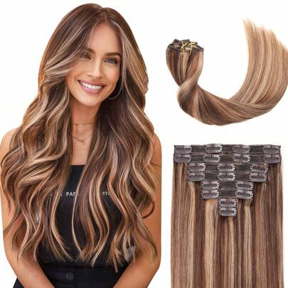 8 piezas Extensiones de cabello humano rectas con clips, color marrón medio y rubio fresa, extensiones de cabello humano Remy invisibles y fáciles de aplicar