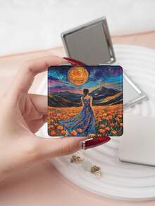 1 pezzo Specchio da toeletta con stile di pittura ad olio, serie ritratti, specchio compatto pieghevole e leggero, in pelle PU, adatto per molteplici scenari e per tutti, specchio quadrato pieghevole, design unici di ballerina, campo di fiori, casa, gatto, bambina, ritratto di coppia, stampa precisa e delicata, affidabile, facile da trasportare e tenere in mano - Multicolore - Visualizzare 10