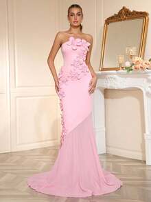 Vestido de noite sereia sem mangas, feito à mão com estampa floral 3D, elegante e formal, ideal para convidadas de casamento, aniversários, formaturas, galas, bailes de boas-vindas e festas. - Rosa - Ver 2