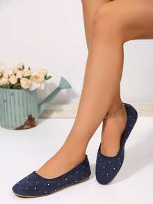星光海军蓝绒面革水钻平底鞋，欧美风格通勤百搭尖头女式平底鞋 - 藍色 - 查看 2