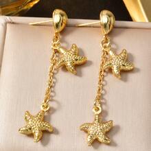 1 Pair 18K Gold Plated Tassel Starfish Earrings, Summer Beach Jewelry For Women & Girls - Gold - View 1