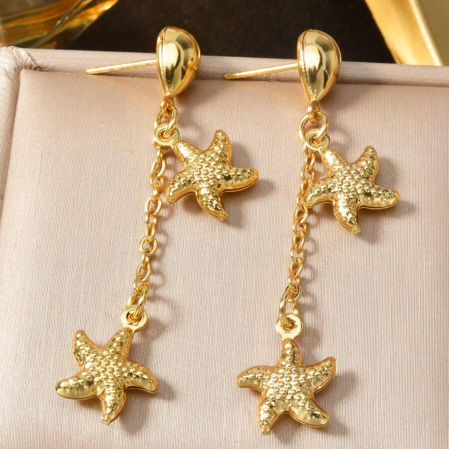 1 Pair 18K Gold Plated Tassel Starfish Earrings, Summer Beach Jewelry For Women & Girls - Gold - View 1