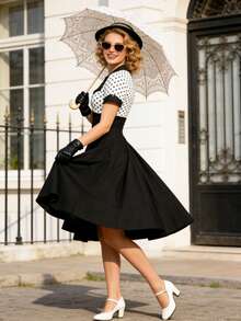 Elegant Heart Neck Polka Dot Short Sleeve A Line Dress For Women Vintage Style Fitted Waist Knee Length Flared Hem - 黑與白 - 查看 4