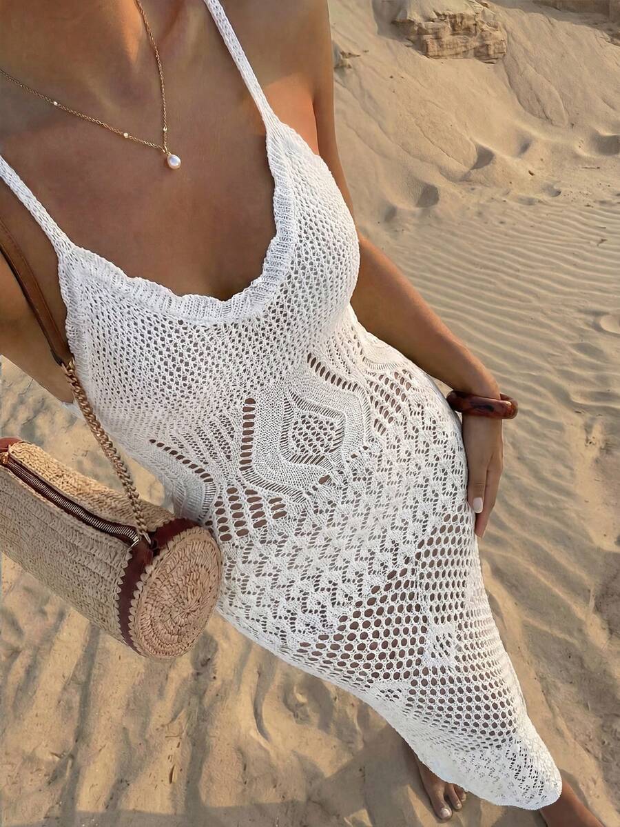 女士优雅性感吊带露背镂空薄纱沙滩度假长款钩针罩衫连衣裙，白色夏季 - 白色 - 查看 1